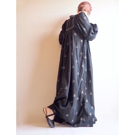 70s block print volume sleeve cotton maxi dress