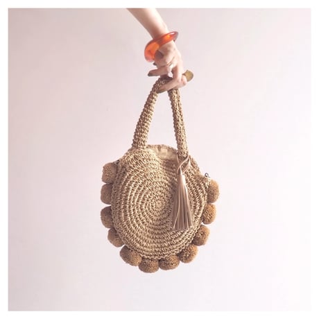 vintage pompom raffia circle bag