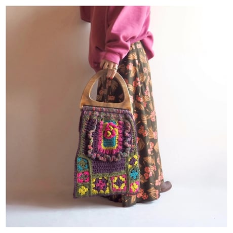 70〜80s plastic handle granny knit bag