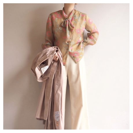 70s floral semi sheer bow collar blouse