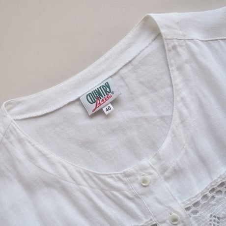 80〜90s folk linen floral crochet blouse