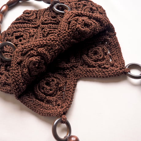 70〜80s wood beads handle granny knit bag
