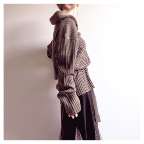 90s faux fur collar rib cardigan