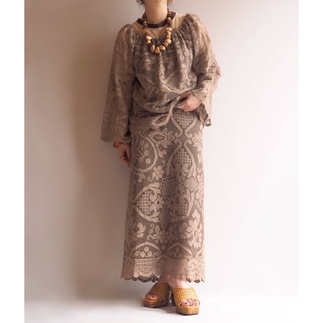 80s "Becky Bisoulis" filet lace blouse & skirt set
