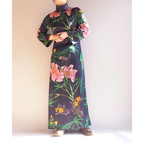 70s floral jersey turtleneck maxi dress