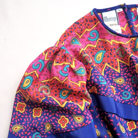80s "Montage" balloon sleeve abstract design blouse