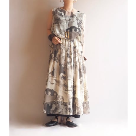 vintage photo print sheer sleeveless tops & midi skirt set