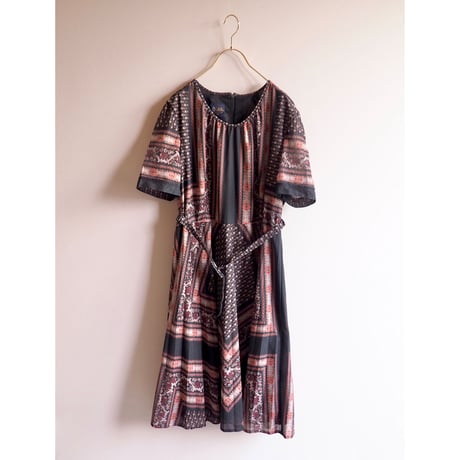 70s s/s scarf print midi dress