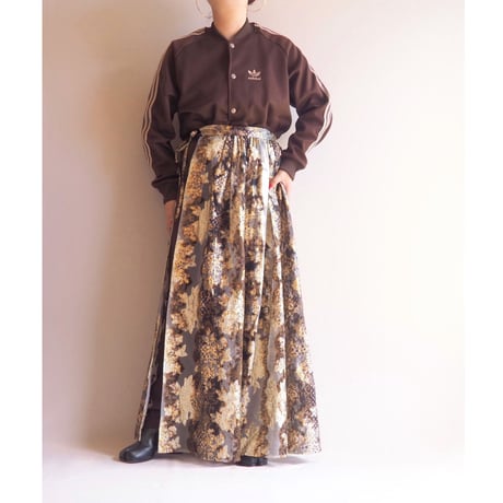 70s floral metallic wrap maxi skirt