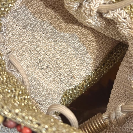 40〜50s wood beads× lucite drawstring woven bag (beige)