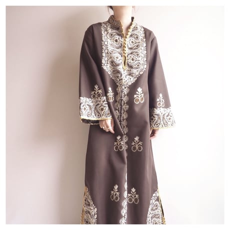 70s brown embroidered kaftan dress