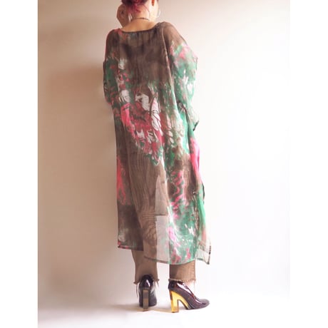 vintage abstract print sheer kaftan dress