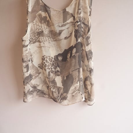 vintage photo print sheer sleeveless tops & midi skirt set