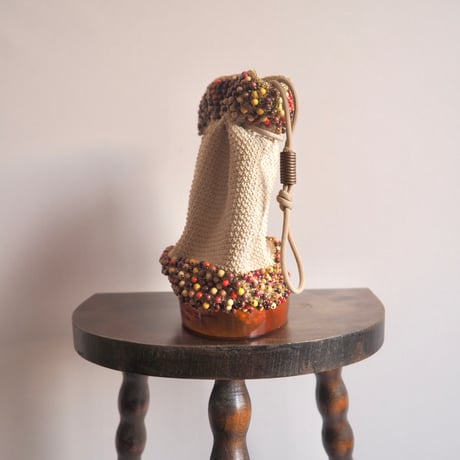 40〜50s wood beads× lucite drawstring woven bag (beige)