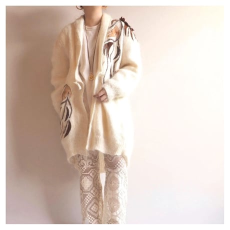 vintage floral design fuzzy long cardigan