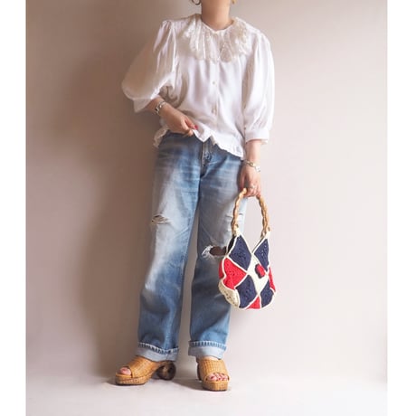 vintage tricolore color granny knit bag