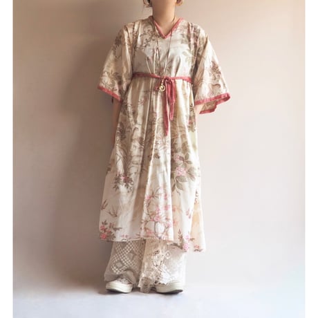 70s floral velvet × cotton midi dress