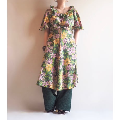 70s〜 s/s floral ruffle midi dress
