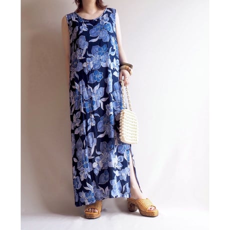 90s rayon floral sleeveless maxi dress
