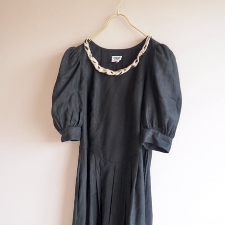 70〜80s folk linen puff sleeve maxi dress