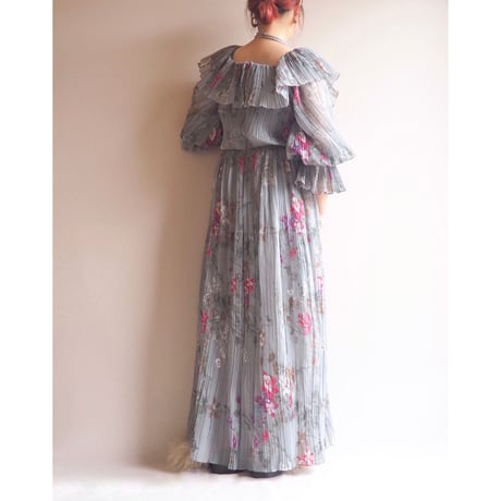 70s semi sheer pleated floral maxi dress