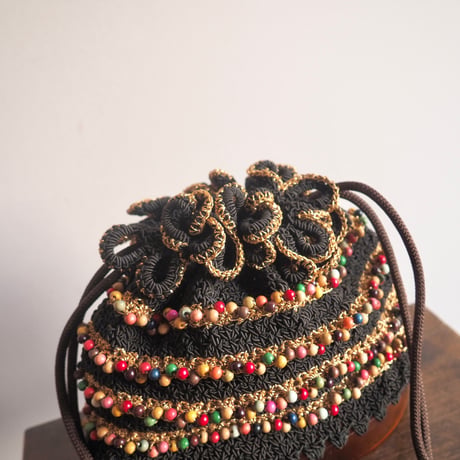 40〜50s wood beads× lucite drawstring woven bag (black)