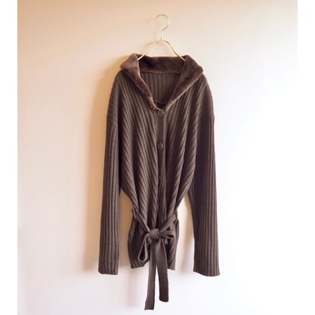 90s faux fur collar rib cardigan