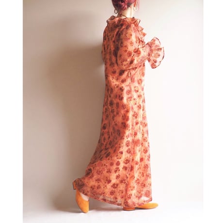 70s floral dot ruffle sheer maxi dress
