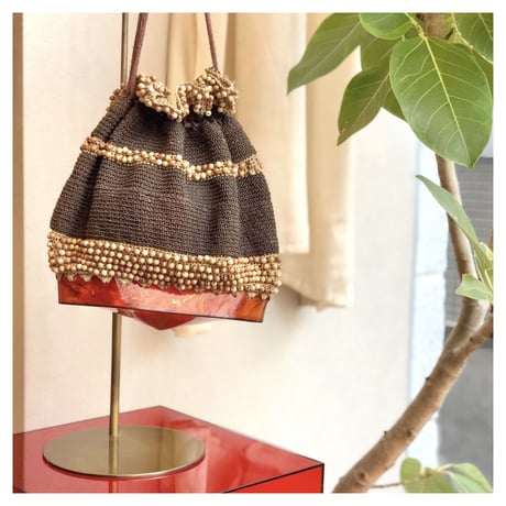 40〜50s wood beads× lucite drawstring woven bag
