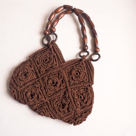 70〜80s wood beads handle granny knit bag