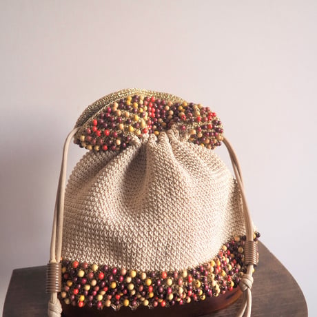 40〜50s wood beads× lucite drawstring woven bag (beige)