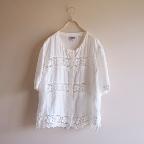 80〜90s folk linen floral crochet blouse