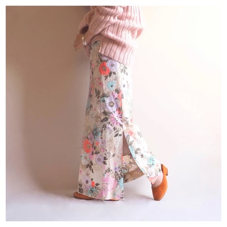 70〜80s floral metallic maxi skirt