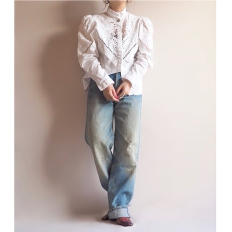 70s〜 puff sleeve cutwork lace folk blouse