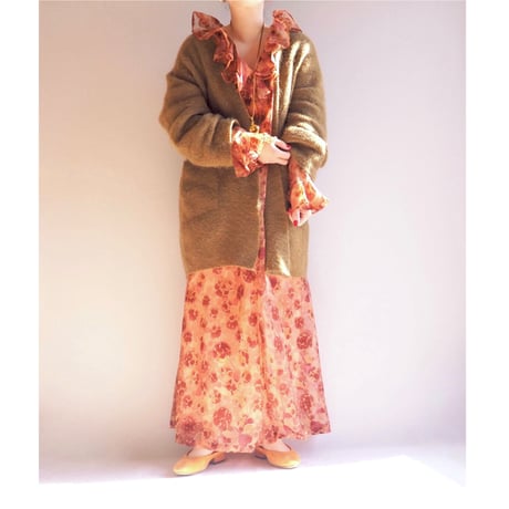70s floral dot ruffle sheer maxi dress