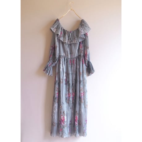 70s semi sheer pleated floral maxi dress