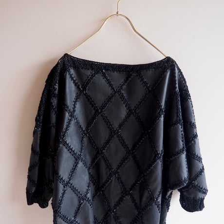 vintage leather × crochet patchwork tops & skirt