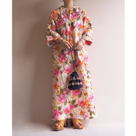 60s "Barbara Lee" quilted floral house maxi dress