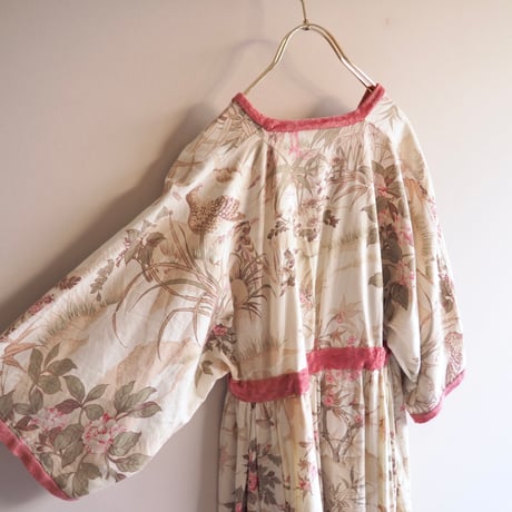 70s floral velvet × cotton midi dress