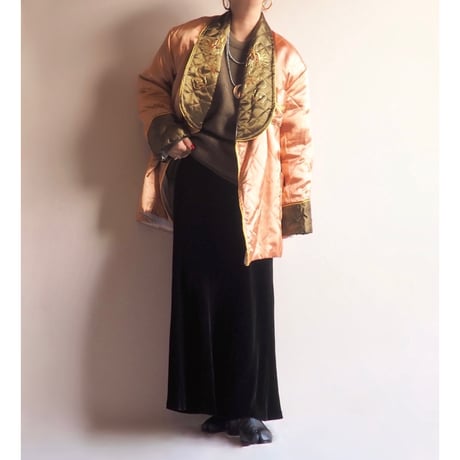 50〜60s chinese embroidered quilt jacket (gold×khaki)