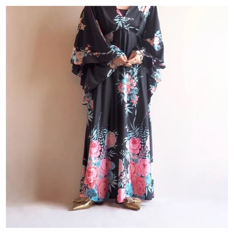 70s "JOHN WARDEN for Molyclaire" flare sleeve floral maxi dress