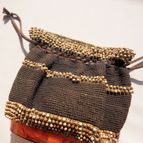 40〜50s wood beads× lucite drawstring woven bag