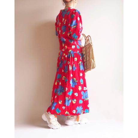 80s floral puff sleeve s/s maxi dress