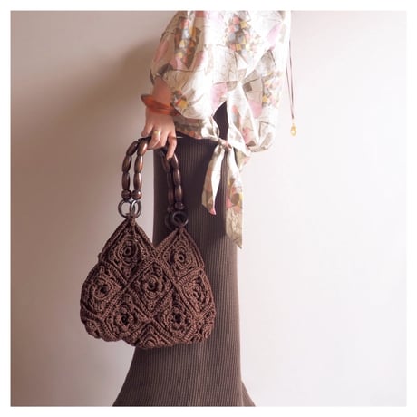 70〜80s wood beads handle granny knit bag