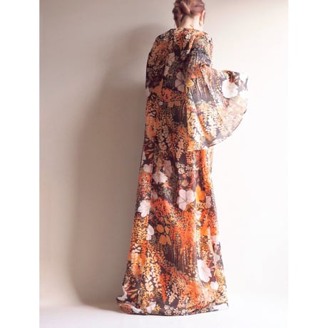 70s flare sleeve floral sheer maxi dress