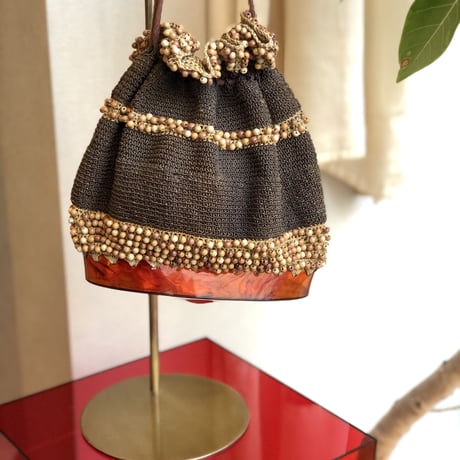 40〜50s wood beads× lucite drawstring woven bag
