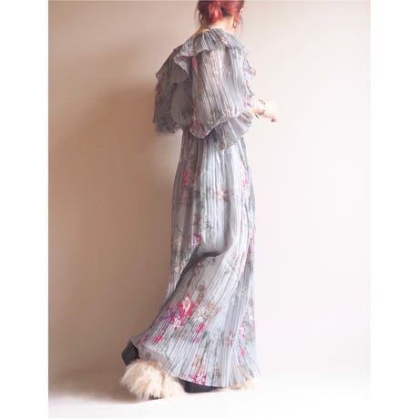 70s semi sheer pleated floral maxi dress
