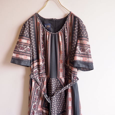 70s s/s scarf print midi dress