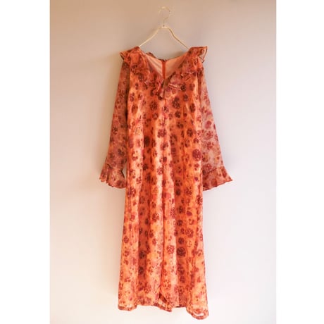70s floral dot ruffle sheer maxi dress
