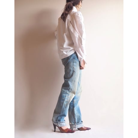 70s〜 puff sleeve cutwork lace folk blouse